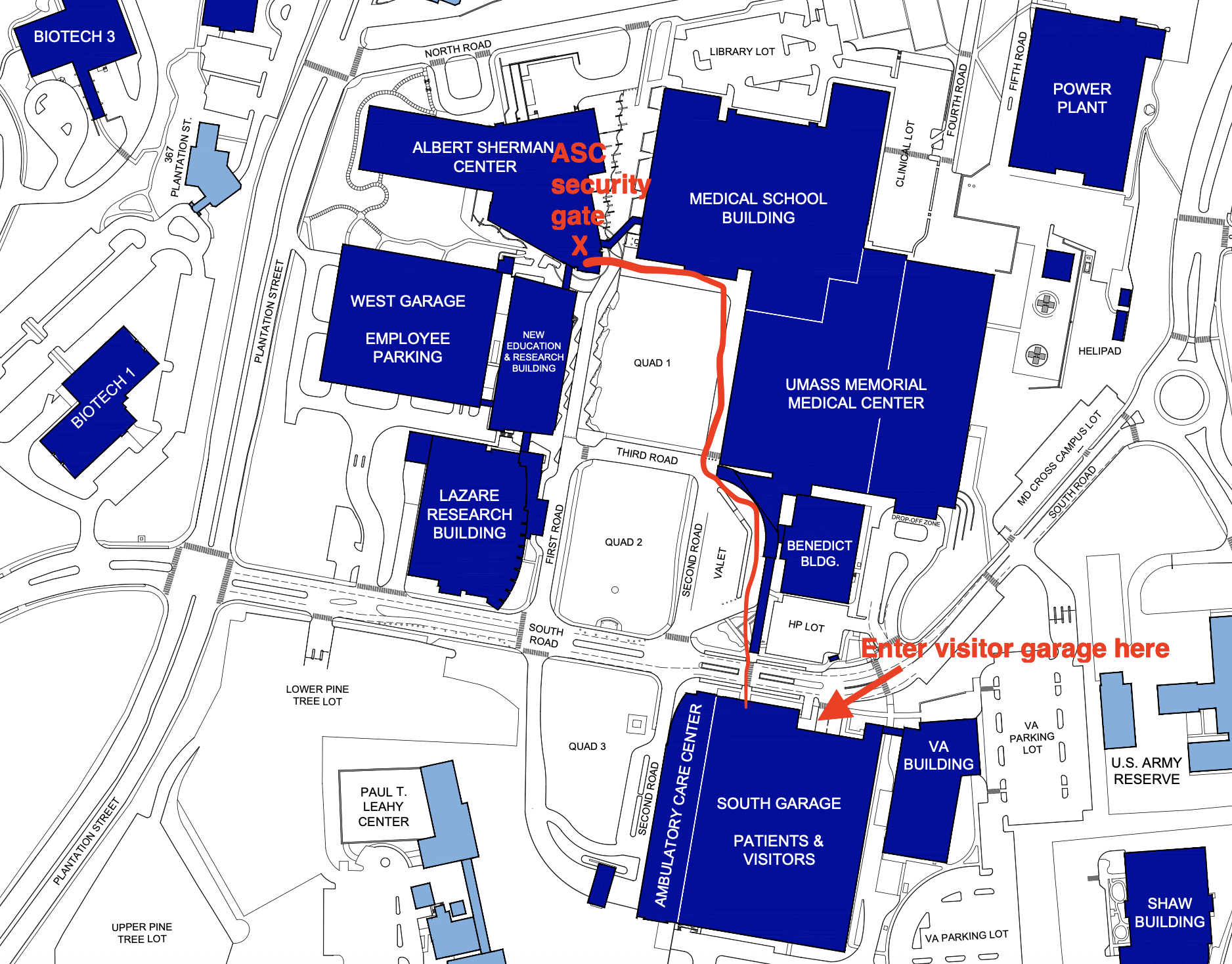 Campus map showing the visitor garage entrance and route to the ASC security gate