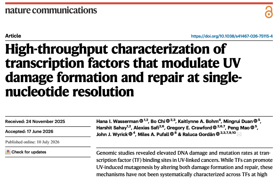 Nature Communications article on transcription factors and UV damage formation and repair